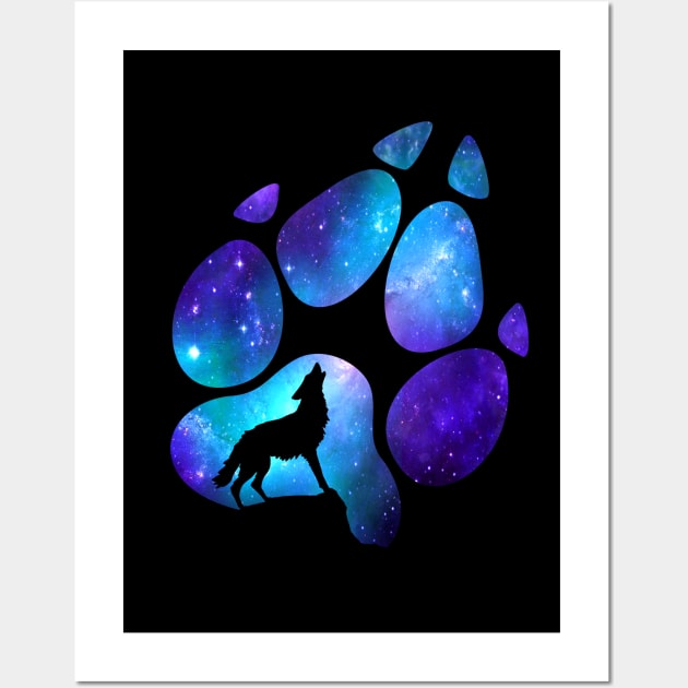 Dramabite Wolf Paw Galaxy Surreal Wild Lone Wolves Double Exposure Stars Wall Art by dramabite